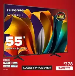 Visions Electronics Hisense 55 A68N 4K Smart TV offer