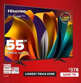 Visions Electronics Hisense 55 A68N 4K Smart TV offer