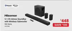 Visions Electronics Hisense Watts AX5100Q 5.1-Ch Atmos Soundbar with Wireless Subwoofer offer