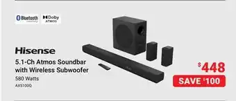 Visions Electronics Hisense Watts AX5100Q 5.1-Ch Atmos Soundbar with Wireless Subwoofer offer
