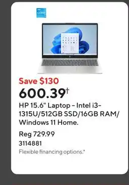 Staples HP 15.6 Laptop - Intel i3-1315U/512GB SSD/16GB RAM/Windows 11 Home offer