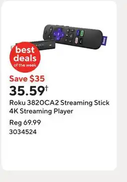 Staples Roku 3820CA2 Streaming Stick 4K Streaming Player offer