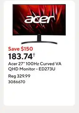 Staples Acer 27 100Hz Curved VA QHD Monitor - ED273U offer