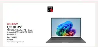 Staples ASUS 15.6 Copilot+ PC - Snapdragon X/1TB SSD/32GB RAM/Windows 11 Home offer