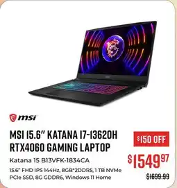 Canex MSI 15.6 KATANA I7-13620H RTX4060 GAMING LAPTOP offer