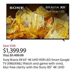 Best Buy Sony Bravia XR 65 4K UHD HDR LED Smart Google TV (XR65X90L) offer