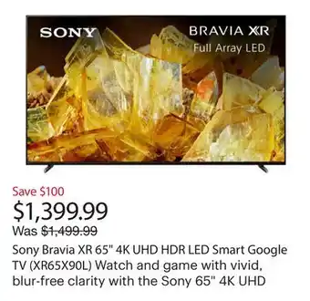 Best Buy Sony Bravia XR 65 4K UHD HDR LED Smart Google TV (XR65X90L) offer