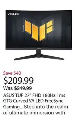 Best Buy ASUS TUF 27 FHD 180Hz 1ms GTG Curved VA LED FreeSync Gaming Monitor (VG27VQ3B) - Black offer