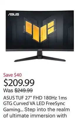 Best Buy ASUS TUF 27 FHD 180Hz 1ms GTG Curved VA LED FreeSync Gaming Monitor (VG27VQ3B) - Black offer