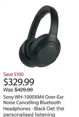 Best Buy Sony WH-1000XM4 Over-Ear Noise Cancelling Bluetooth Headphones - Black offer