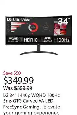 Best Buy LG 34 1440p WQHD 100Hz 5ms GTG Curved VA LED FreeSync Gaming Monitor (34WR50QK-B) - Black offer