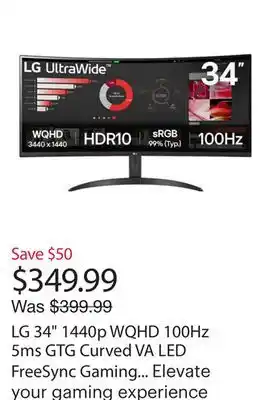 Best Buy LG 34 1440p WQHD 100Hz 5ms GTG Curved VA LED FreeSync Gaming Monitor (34WR50QK-B) - Black offer