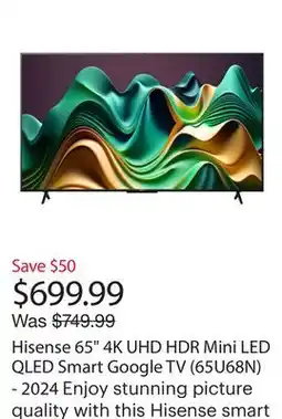 Best Buy Hisense 65 4K UHD HDR Mini LED QLED Smart Google TV (65U68N) - 2024 offer
