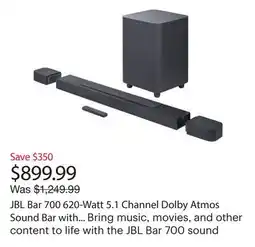 Best Buy JBL Bar 700 620-Watt 5.1 Channel Dolby Atmos Sound Bar with Wireless Subwoofer offer
