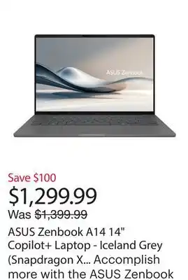 Best Buy ASUS Zenbook A14 14 Copilot+ Laptop - Iceland Grey (Snapdragon X /16GB RAM/1TB SSD/Win 11) offer