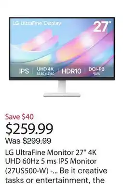 Best Buy LG UltraFine Monitor 27 4K UHD 60Hz 5 ms IPS Monitor (27US500-W) - White offer