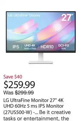 Best Buy LG UltraFine Monitor 27 4K UHD 60Hz 5 ms IPS Monitor (27US500-W) - White offer