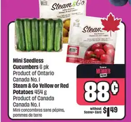 Chalo FreshCo Mini Seedless Cucumbers 6 pk Canada No. 1 Steam & Go Yellow or Red Potatoes 454 g Canada No. 1 offer