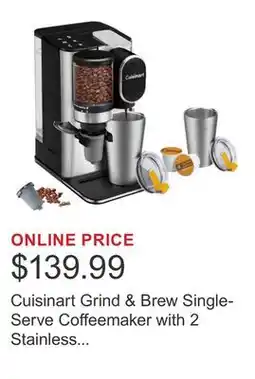 Costco Cuisinart Grind & Brew Single-Serve Coffeemaker with 2 Stainless Steel Travel Mugs offer