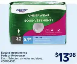 Walmart Equate incontinence pads or underwear offer