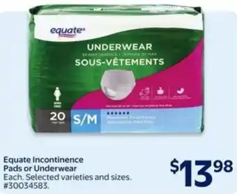 Walmart Equate incontinence pads or underwear offer