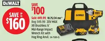 Canadian Tire Dewalt 20V MAX XR Brushless 1⁄2˝ Mid-Range Impact Wrench Kit with Hog Ring Anvil offer