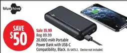 Canadian Tire Blue Hive 20,000 mAh Portable Power Bank with USB-C Compatibility, Black offer