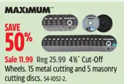 Canadian Tire Maximum 4 1⁄2˝ Cut-Off Wheels. 15 metal cutting and 5 masonry cutting discs offer