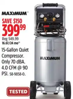 Canadian Tire Maximum 15-Gallon Quiet Compressor. Only 70 dBA. 4.0 CFM @ 90 PSI offer