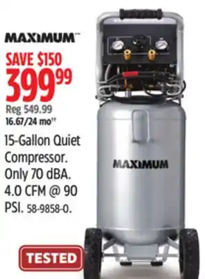 Canadian Tire Maximum 15-Gallon Quiet Compressor. Only 70 dBA. 4.0 CFM @ 90 PSI offer