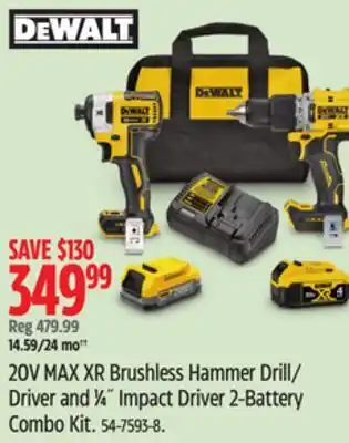 Canadian Tire DEWALT 20V MAX XR Brushless Hammer Drill/ Driver and 1⁄4 Impact Driver 2-Battery Combo Kit offer