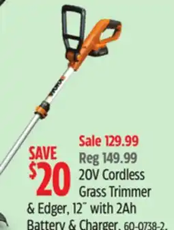 Canadian Tire Worx 20V Cordless Grass Trimmer & Edger, 12 with 2Ah Battery & Charger offer