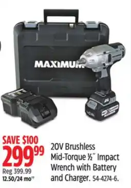 Canadian Tire Maximum 20V Brushless Mid-Torque 1⁄2˝ Impact Wrench with Battery and Charger offer