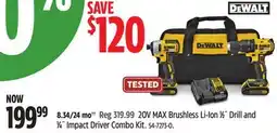 Canadian Tire Dewalt 20V MAX Brushless Li-Ion 1⁄2˝ Drill and 1⁄4˝ Impact Driver Combo Kit offer