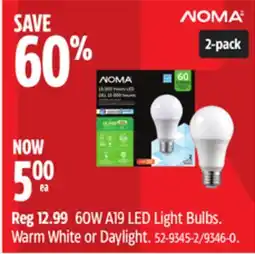Canadian Tire NOMA 60W A19 LED Light Bulbs. Warm White or Daylight offer