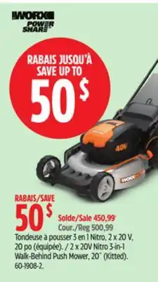 Canadian Tire Worx 2 x 20V Nitro 3-in-1 Walk-Behind Push Mower, 20˝ (Kitted) offer
