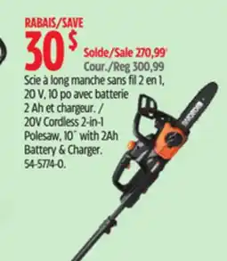 Canadian Tire Worx 20V Cordless 2-in-1 Polesaw, 10 with 2Ah Battery & Charger offer