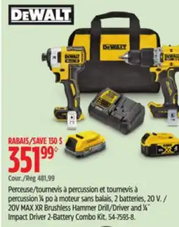 Canadian Tire Dewalt 20V MAX XR Brushless Hammer Drill/Driver and 1⁄4˝ Impact Driver 2-Battery Combo Kit offer