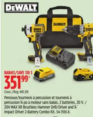 Canadian Tire Dewalt 20V MAX XR Brushless Hammer Drill/Driver and 1⁄4˝ Impact Driver 2-Battery Combo Kit offer