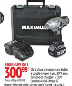 Canadian Tire Maximum 20V Brushless Mid-Torque 1⁄2˝ Cour./Reg 400,99 Impact Wrench with Battery and Charger offer