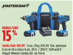 Canadian Tire Mastercraft 20V 1⁄2˝ Drill and 1⁄2˝ Impact Wrench Combo Kit offer