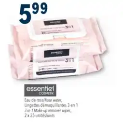 Familiprix ESSENTIEL COSMETIK, Rose water, 3 en 1/3 in 1 Make-up remover wipes, 2 x 25 units offer