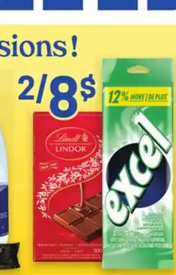 Uniprix LINDT LINDOR, SWISS CLASSIQUE Tablette de chocolat /Chocolat bar, EXCEL, JUICY FRUIT Gommes/Gums offer