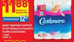 Maxi PAPIER HYGIÉNIQUE CASHMERE 20=60 ROULEAUX OU MOUCHOIRS SCOTTIES, 12X126 FEUILLES offer
