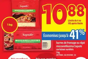 Maxi BARRES DE FROMAGE OU RÂPÉ MOZZARELLISSIMA SAPUTO, 1 KG offer