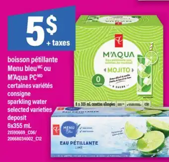 Maxi BOISSON PÉTILLANTE MENU BLEUMC OU M'AQUA PC | SPARKLING WATER , 6X355 ML offer