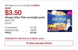 Costco Always Ultra Thin overnight pads offer