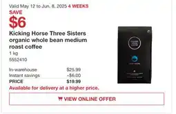 Costco Kicking Horse Three Sisters organic whole bean medium roast coffee offer