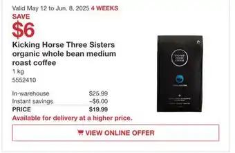 Costco Kicking Horse Three Sisters organic whole bean medium roast coffee offer