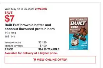 Costco Built Puff brownie batter and coconut flavoured protein bars offer